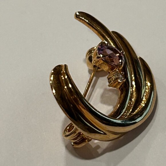 Purple Amethyst Diamond Swirl Brooch Gold Tone Vintage Signed Korea Mid Century - Picture 3 of 8